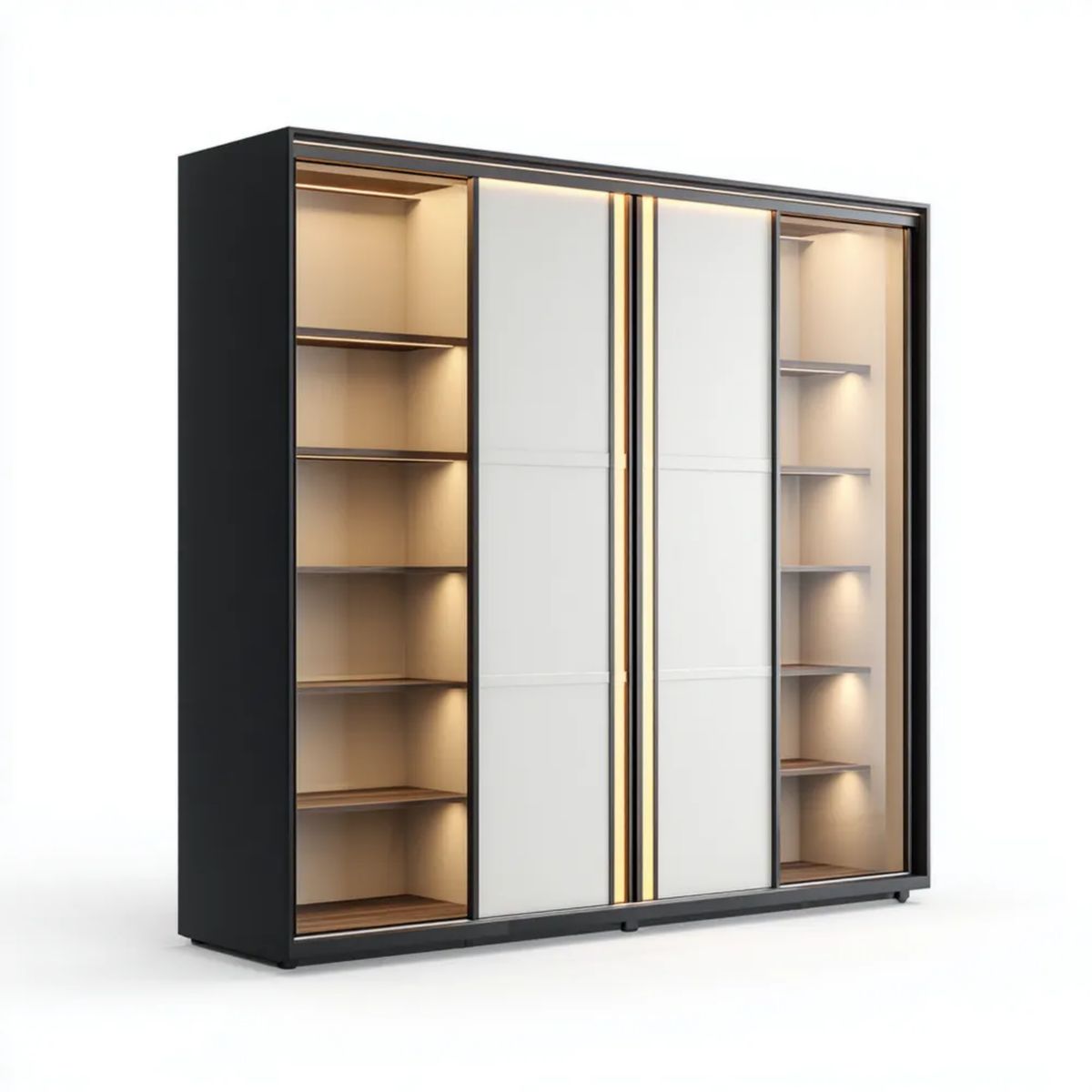 Szafa, Czarno-białe drzwi szafa z przesuwanymi drzwiami w panelach MDF, szkła i lusterka z oświetleniem LED, 200 x 60 x 220 cm