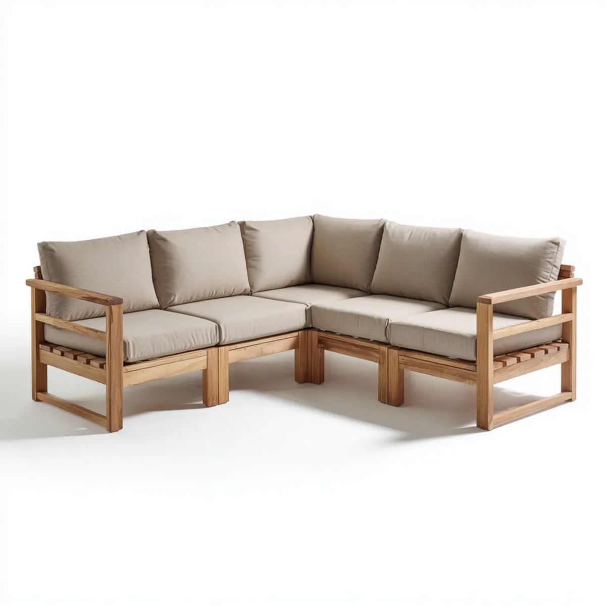 Sofa, 4-osobowa drewniany beżowy sofa z poliestrowymi poduszkami, 210 x 210 x 75 cm