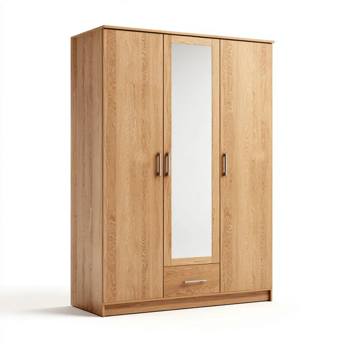 Szafa 3-drzwiowa z naturalnego dębu 120 x 52 x 190 cm w prostokątnych panelach z lustrem i szufladą