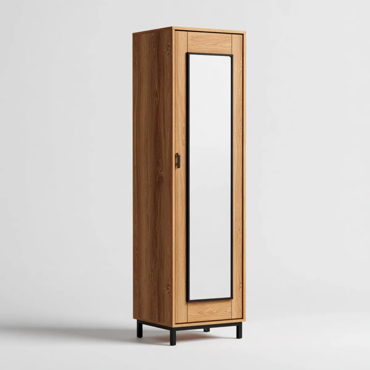 Szafa 1-drzwiowa z lustrem naturalny dąb i czarny 60 x 45 x 190 cm w MDF fornirowane prostokątna dąb