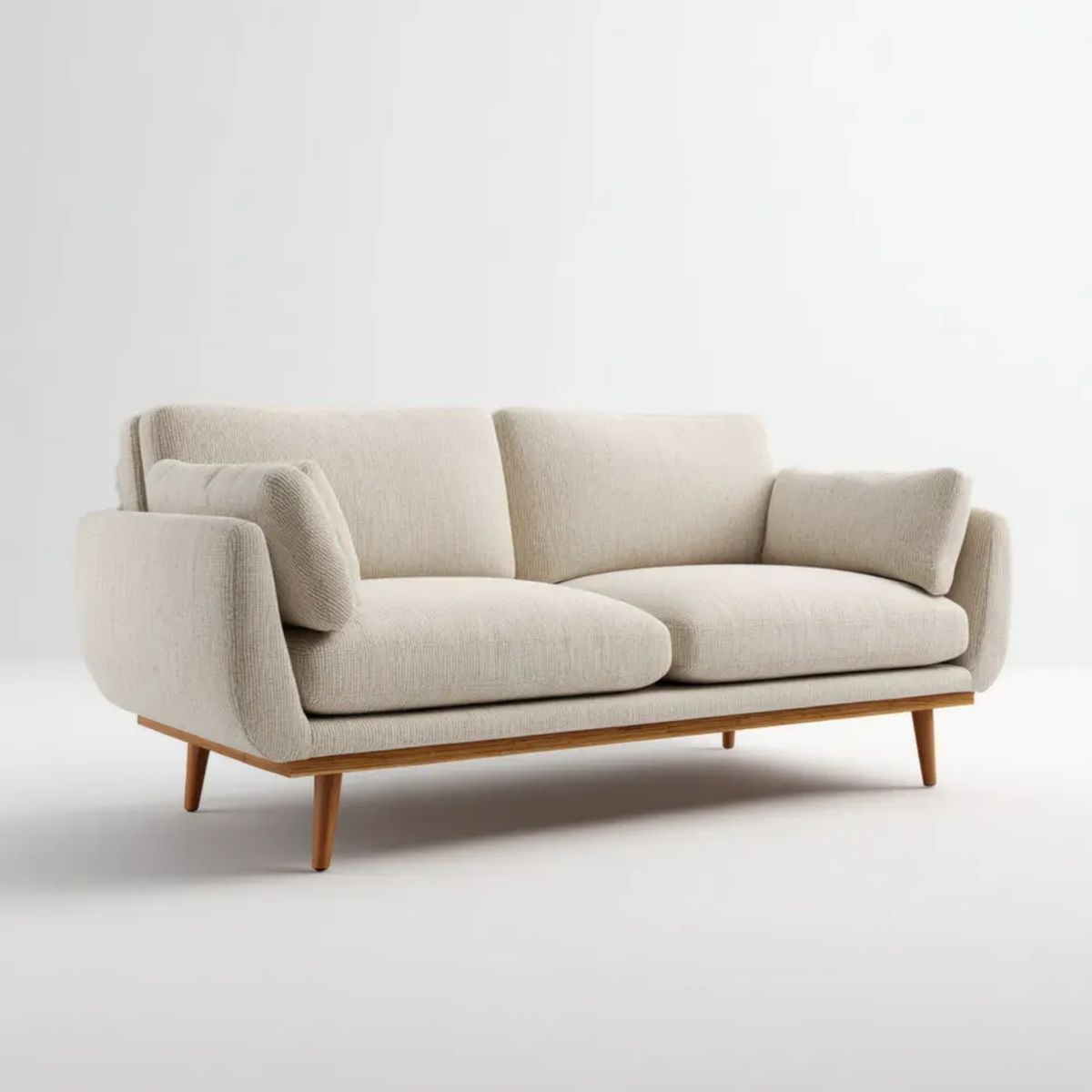 Sofa, 3-osobowa poliester krem tłuszcz sofa z litego drewna struktury i naturalne brązowe nóżki, 210 x 88 x 82 cm