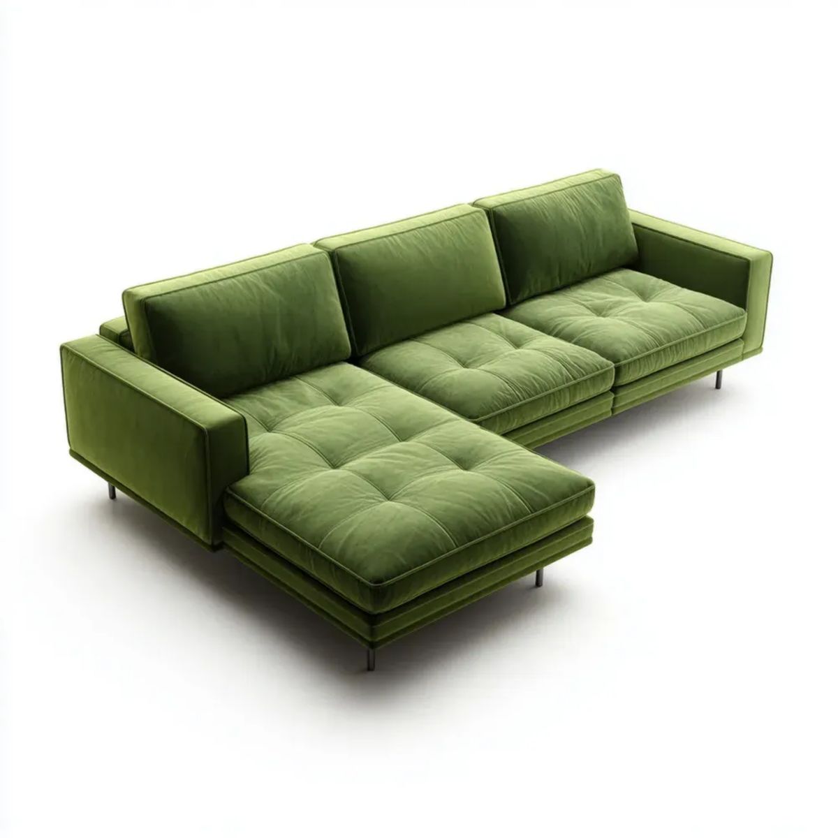Sofa, 3-osobowa sofa w oliwie fizjologicznej figlarny velvet z figlarnym szezlongiem, 280 x 165 x 85 cm
