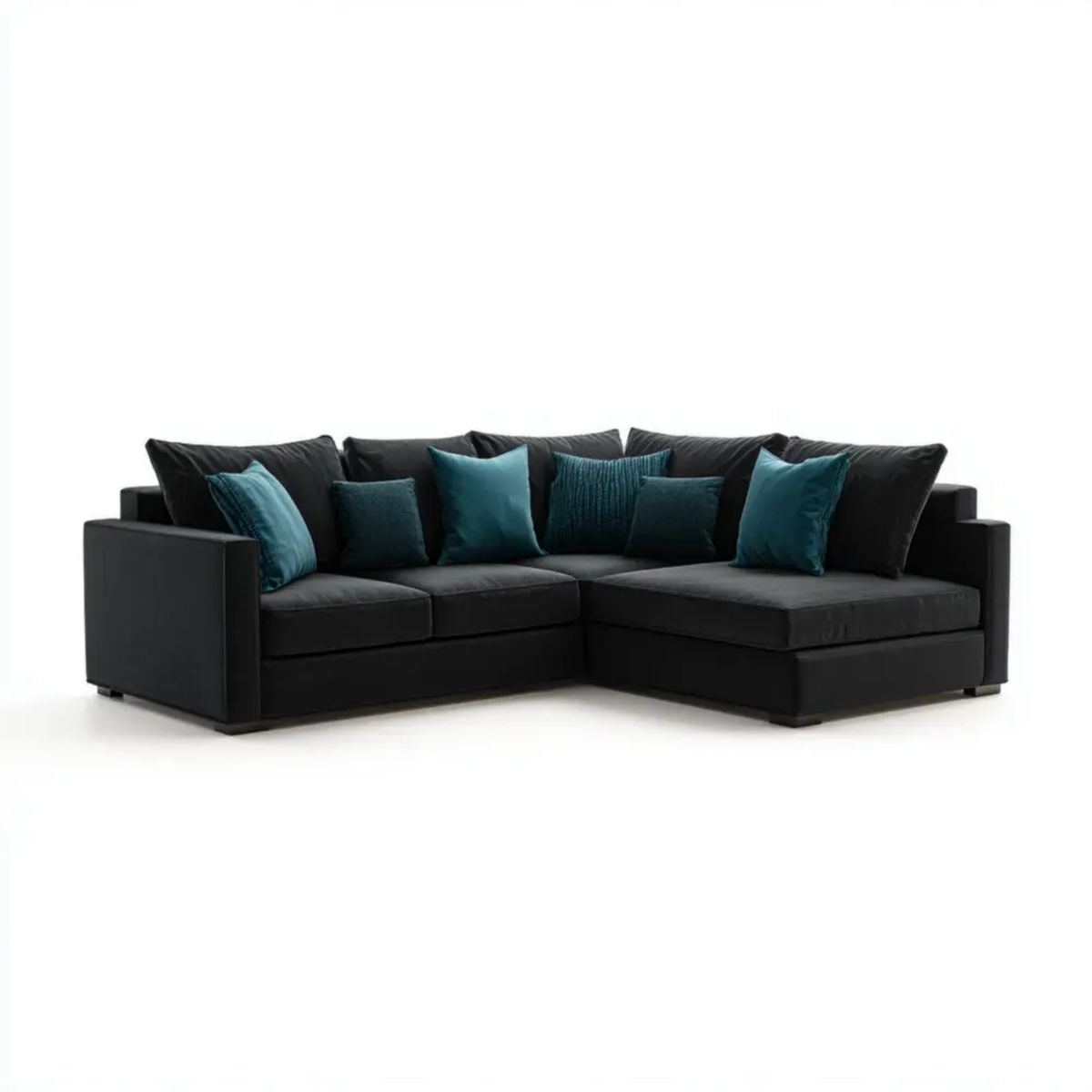 Sofa, 5 foteli sofa w czarnym poliestrze i olejek bursztynowy, w L, 280 x 210 x 85 cm