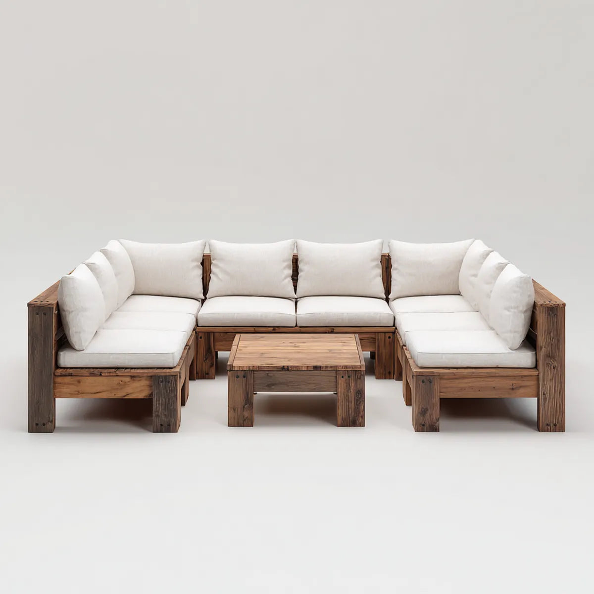 Sofa ogrodowa, Zestaw do barierki Taras 5- część brązowa śmietana z litego drewna Acacia U- kształt 240 x 240 x 70 cm