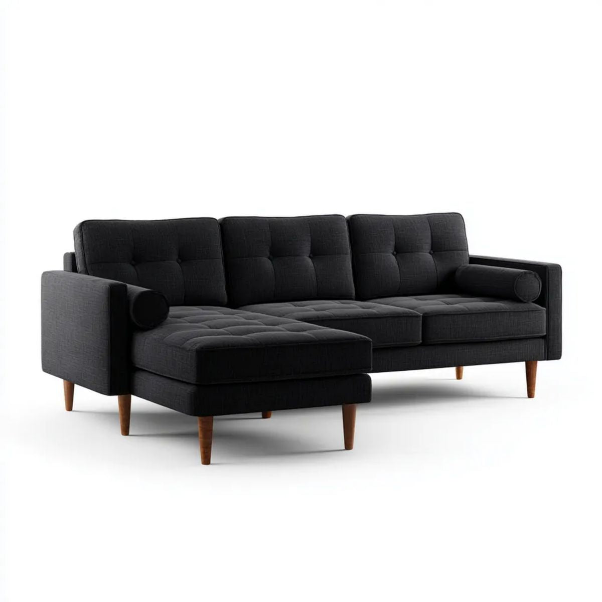 Sofa, 3-osobowa poliester czarny sofa z drewnianymi nóżkami, 230 x 150 x 85 cm