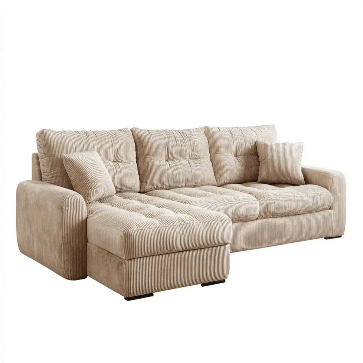 Sofa, 3-osobowa sofa z szezlongiem beżowym w poliestrze żeberkowate beż, 250 x 160 x 85 cm